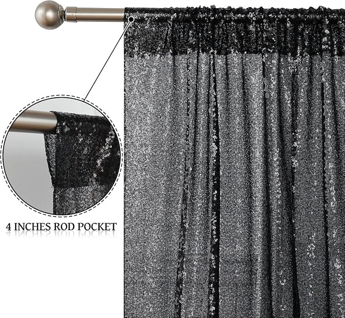 Sugargirl Black Sequin Backdrop Curtain 8FTx8FT Glitter Black Background Drapes - Image 5