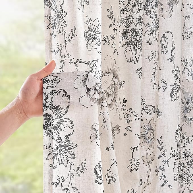 jinchan Black Floral Linen Curtains 102 Inch Farmhouse Back Tab 2 Panels | - Image 2