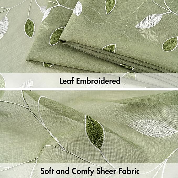 MIULEE Sage Green Sheer Curtains 2 Panels Leaf Patterned, W30 x L24 | - Image 4