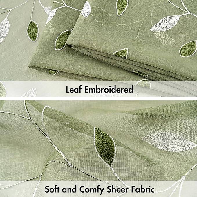 MIULEE Sage Green Sheer Curtains 2 Panels Leaf Patterned, W52 x L54 | - Image 4