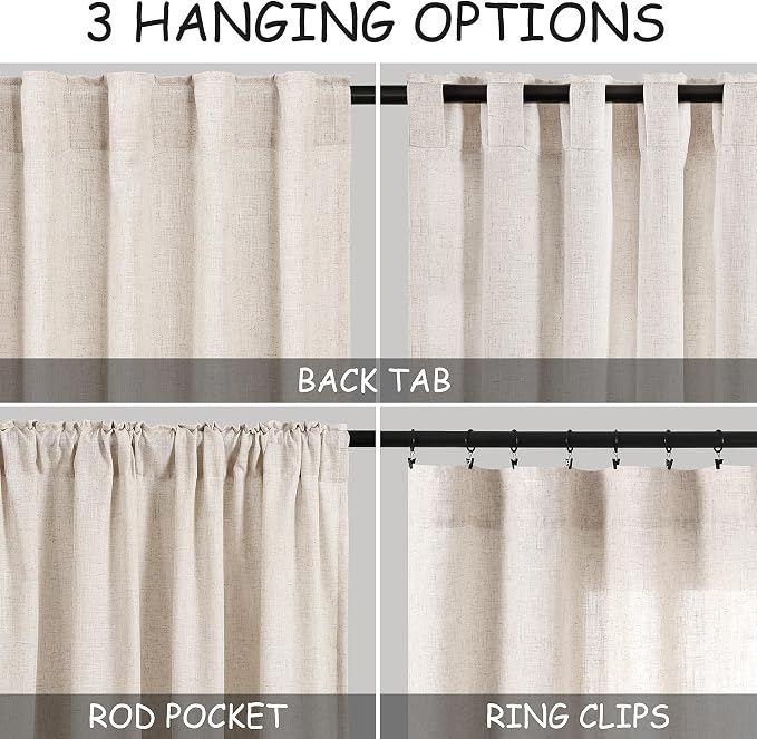 Beige Linen Sheer Curtains 54 Inch Length 2 Panel Set Back Tab Pocket Semi - Image 3