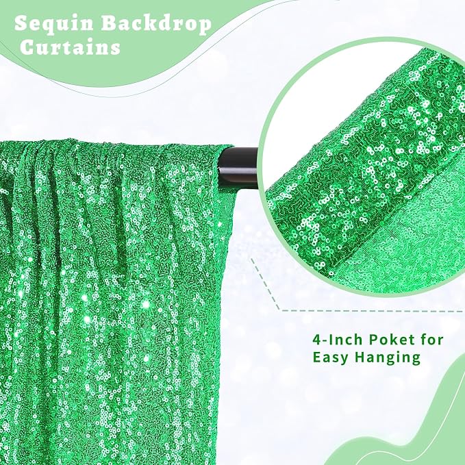 Green Sequin Backdrop Curtains Party Photo Glitter Drapes 2 Pcs 2FTx8FT | - Image 4