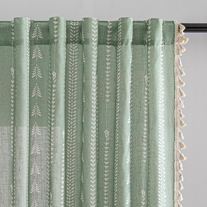 Sage Green Curtains for Living Room, Linen Blended Boho Semi Sheer Patterned by MEETSKY