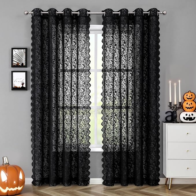Bujasso Black Sheer Lace Curtains 84 inch Vintage Floral Sheer Window Curtain - Image 9