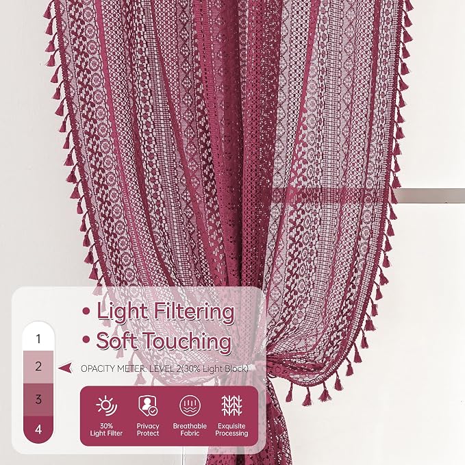 WAZZIO Boho Lace Curtains 84 Inches 2 Panel, Light Filtering Privacy Tassel & - Image 7
