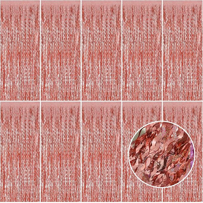 Rose Gold Tinsel Foil Fringe Curtains Wavy Backdrop by BOMSI