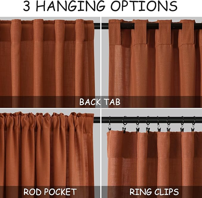 Terracotta Linen Blend Semi Sheer Curtains 86 Inches Long 2 Panel Set Pocket - Image 3