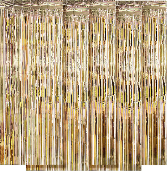 5 Pack Champagne Gold Fringe Curtains (3.2ft x 8.2ft) for Birthday, Wedding, Christmas Decoration