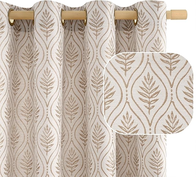BGment Mocha Linen Curtains for Living Room, French Country Leaf Jacquard by BGment