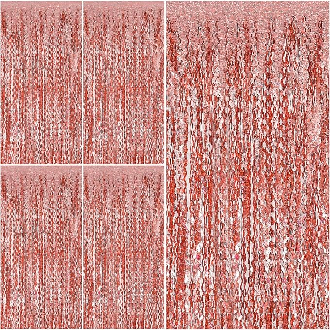 Rose Gold Tinsel Foil Fringe Curtains Wavy Backdrop by BOMSI