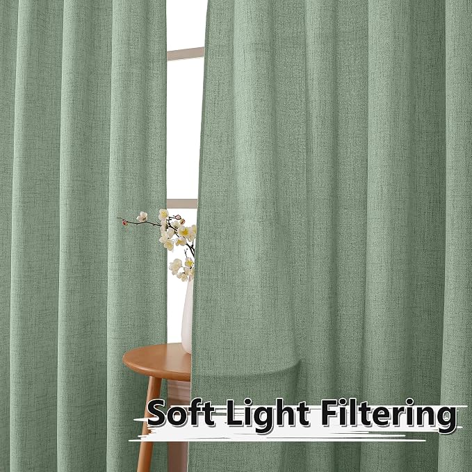 Tollpiz Linen Curtains Bedroom Rod Pocket Semi Sheer Curtain Burlap Light - Image 2