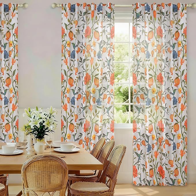 White Floral Linen Curtains, Boho Whimsical Bird Print Curtains - Image 4
