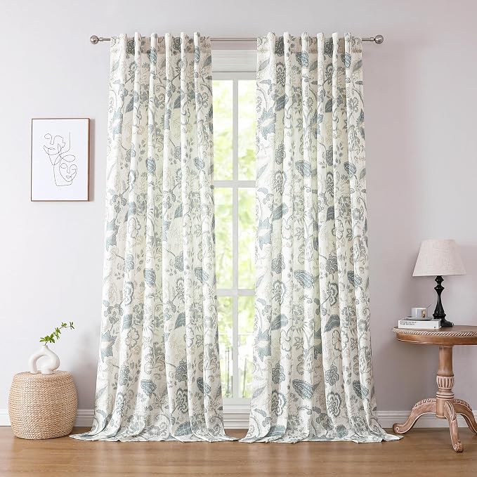 Kayne Studio Blue Grey Floral Botanical Rod Pocket Semi Sheer Curtains 95"L | by KayneStudio