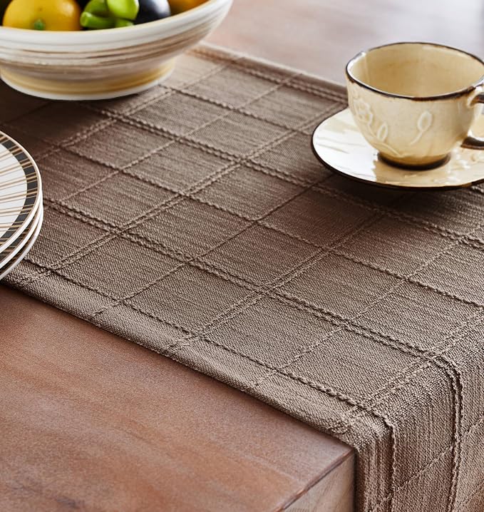 Linen Checked Farmhouse Table Runner, 13x60 Inches Cocoa Brown | Raised Grid - Image 5