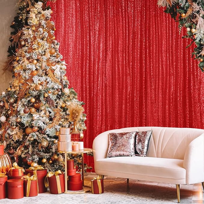 Hahuho Red Sequin Backdrop Curtain, 4 Panels, 2FT x 8FT | Glitter Backdrop - Image 4