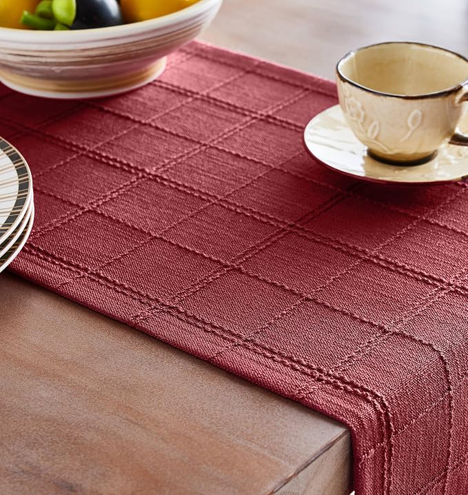 Linen Checked Farmhouse Table Runner, 13x60 Inches Burgundy | Raised Grid Design - Image 5