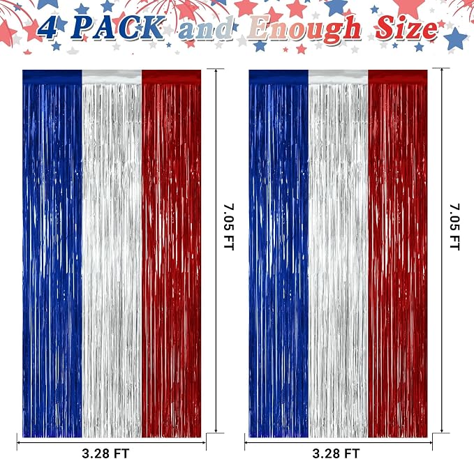 ZATAYE 4 Pack Blue Silver Red Foil Curtain Streamer Decorations | Blue Silver - Image 2