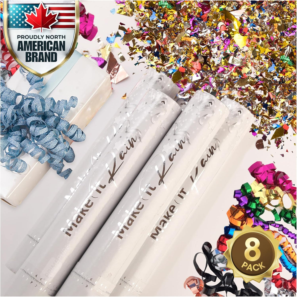 PrimePure Confetti Cannon Party Poppers - Metallic Foil Multicolor Confetti Poppers & Streamers - 8 Pack - Easy-to-Use Party Cannon - Glitter Bomb Pop Gun for Graduation, Birthday, Celebration, Prank