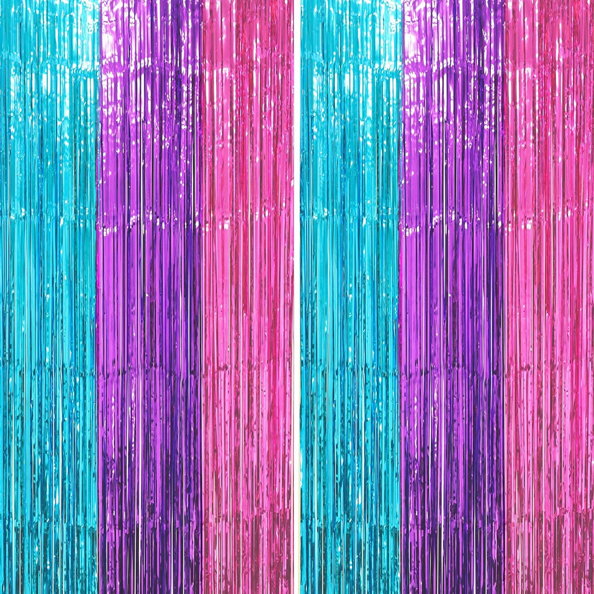 2 Pack Blue Purple Pink Foil Fringe Backdrop Curtains, Tinsel Streamers Party Decorations, Fringe Backdrop, Door Shimmer for Mermaid or Birthday Party