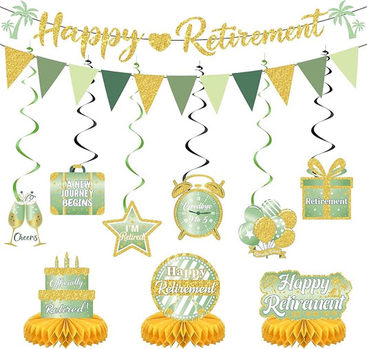 17 Pcs Green Gold Retirement Party Decorations by JCTHKUKU