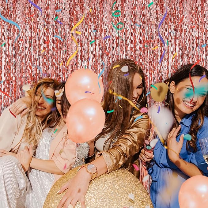 BOMSI Rose Gold Tinsel Foil Fringe Curtains Wavy Backdrop - Image 7