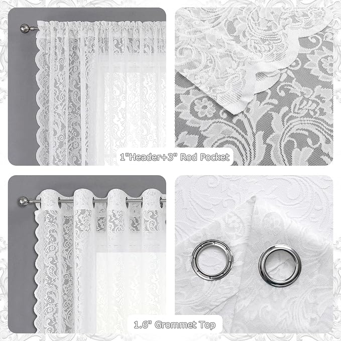 Bujasso White Lace Sheer Curtains 108 inch Vintage Floral Sheer Window Curtain - Image 5