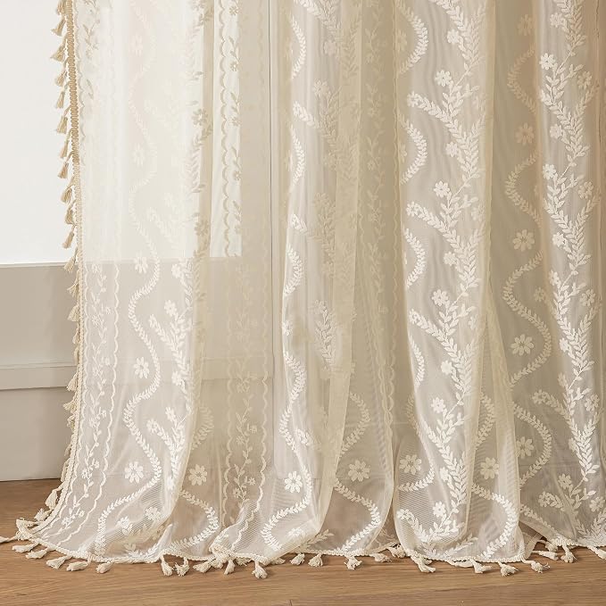 WAZZIO Boho Lace Curtains 2 Panels 102 Inches -Cute Vintage Victorian Sheer by WAZZIO