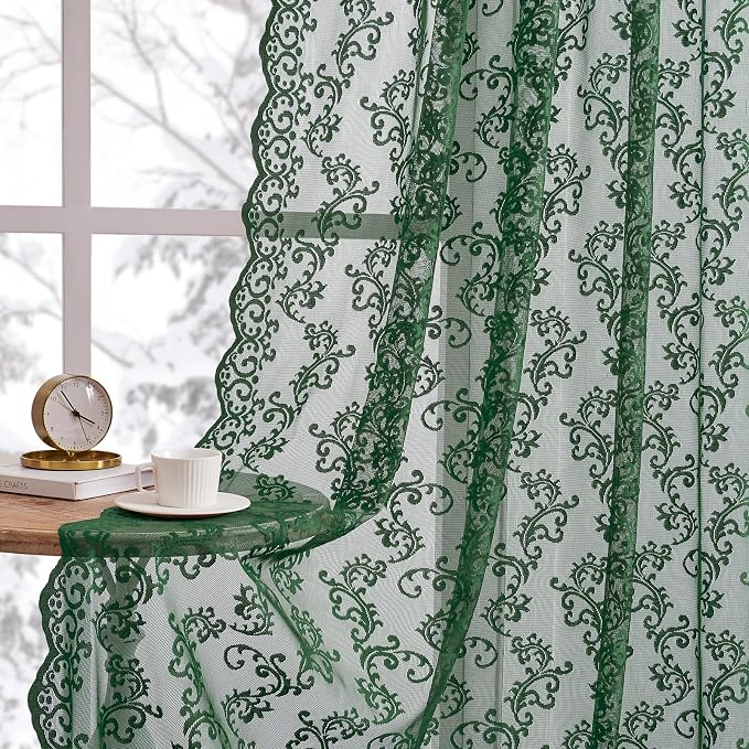 Dark Green Lace Curtains 96 Inches Long 2 Panels - Image 3