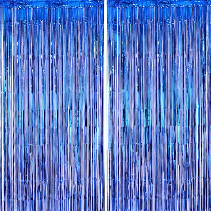 Voircoloria Blue Foil Fringe Backdrop Curtains, 2 Pack | Tinsel Streamers by Voircoloria