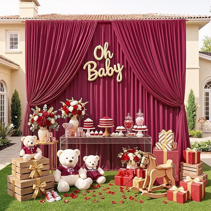 20ft x 10ft Wrinkle Free Maroon Backdrop Curtains - Image 8