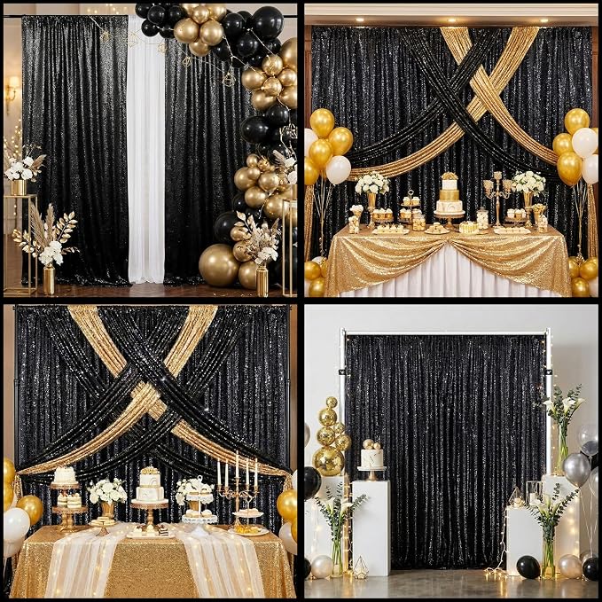Black Sequin Backdrop Curtains 2 Pcs 5ftx8ft Sparkle Backdrop Drapes | Glitter - Image 3