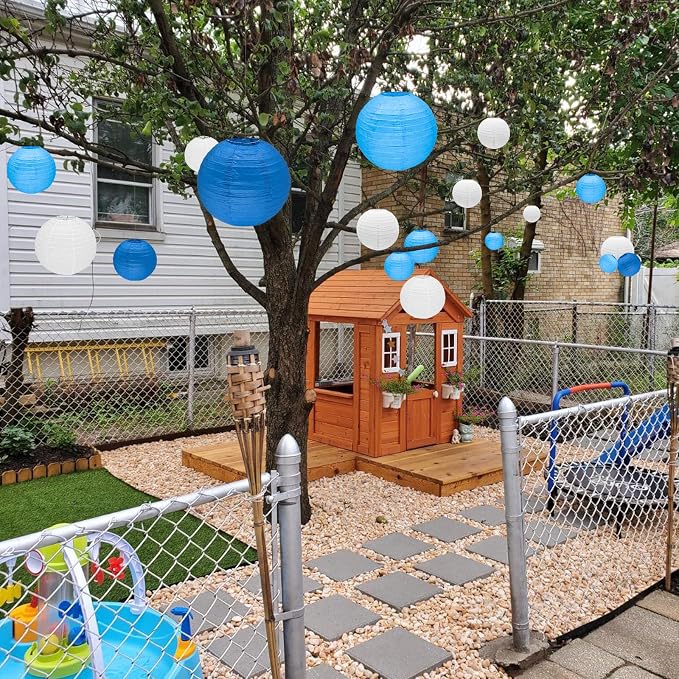 12Pcs Blue and White Paper Lanterns Set, Round Hanging Lanterns in Assorted - Image 7
