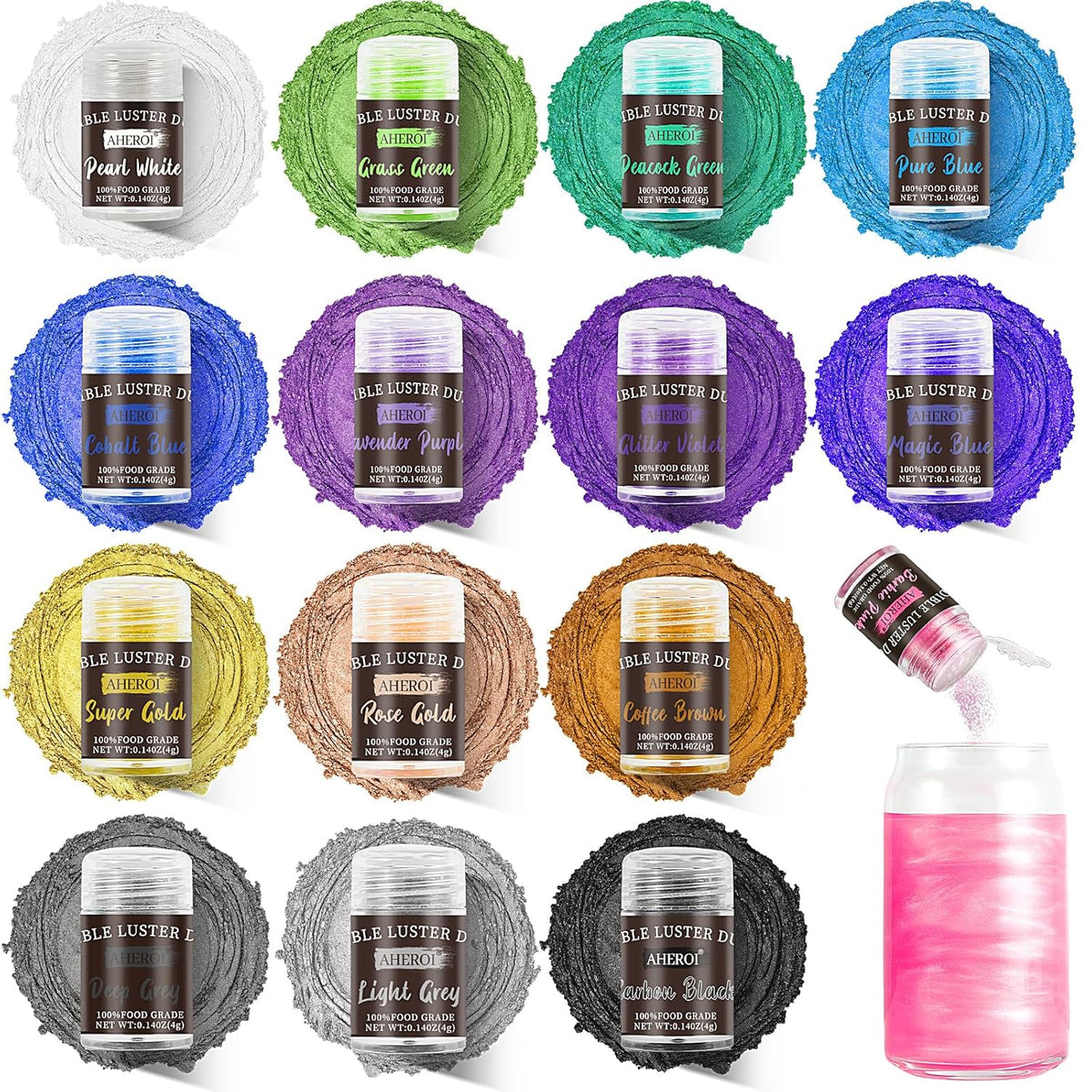Aheroi Edible glitter Set of 15, Food Grade Edible Powder ocktail Glitter Shimmering Glitter for Drinks, Luster Dust Sprinkles Powder Glitter for Fondant Cake Decorating(4g/0.14oz)
