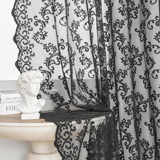 Black Lace Curtains 90 Inches Long 2 Panels Vintage Floral Sheer Curtains - Image 4
