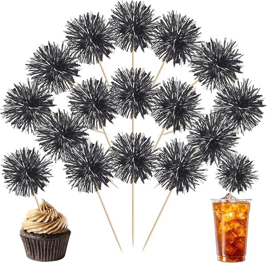 40 PCS Black Foil Firework Cupcake Toppers Sparkle Tinsel Cupcakae Picks by ZHUOWEISM