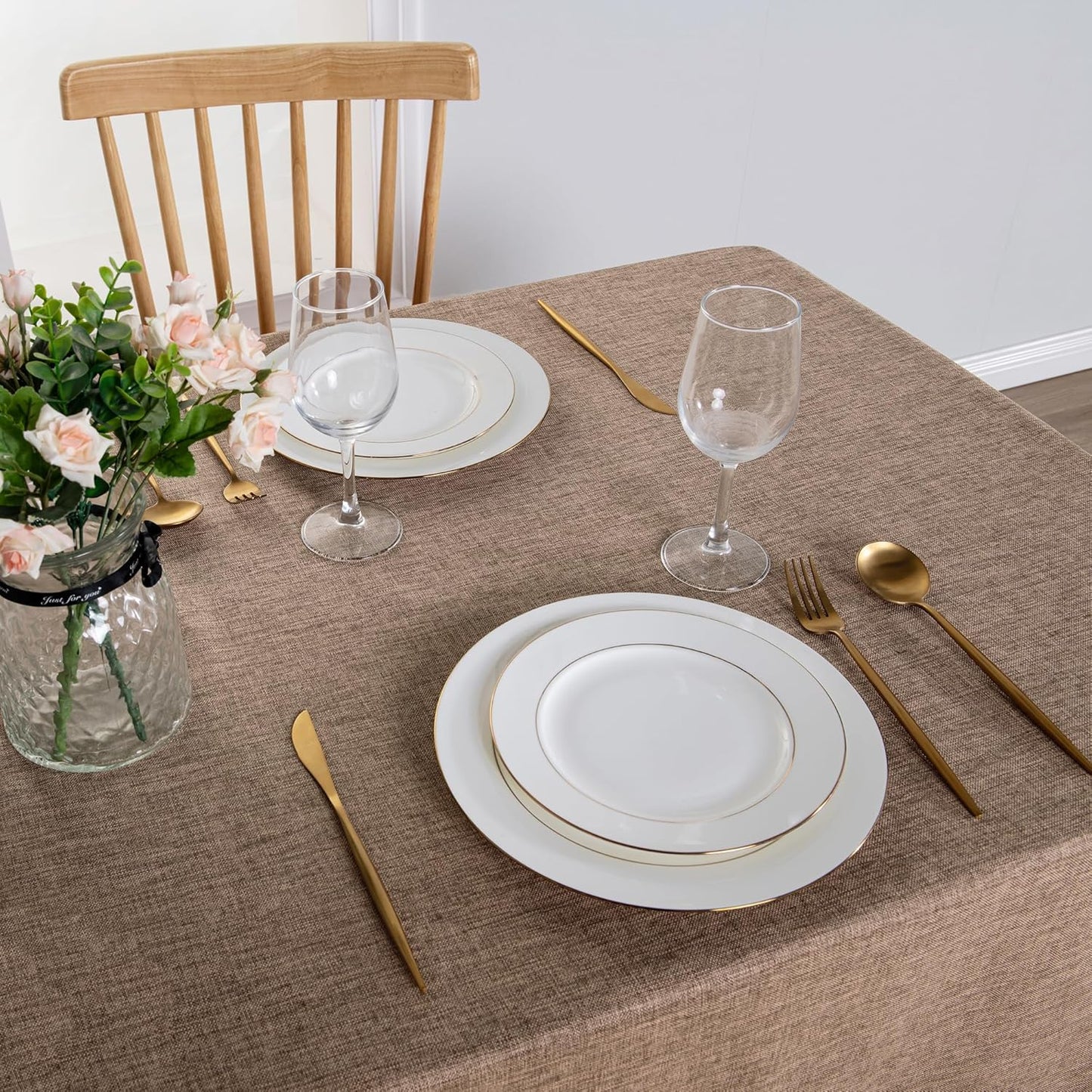 Hiasan 2 Pack Faux Linen Rectangle Tablecloth - Wrinkle and Stain Resistant Washable Table Cloth for Kitchen Dining Room Holiday Table Cover for Party Dinner, Khaki, 70 x 140 Inch