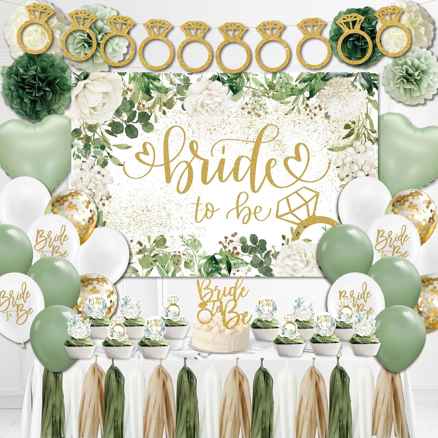 Sage Green Bridal Shower Decorations,Bachelorette Party Decorations, Bride to Be Backdrop, Bridal Shower Balloons, Paper Pom Poms Bride to Be Party Supplies for bridal shower