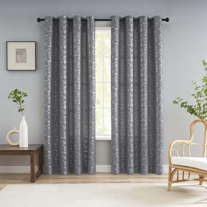 Taisier Home Silver Foil Print Linen Textured Curtains Geometric Dots Pattern - Image 2