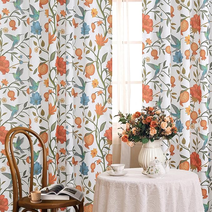 White Floral Linen Curtains, Boho Whimsical Bird Print Curtains by JOOJA