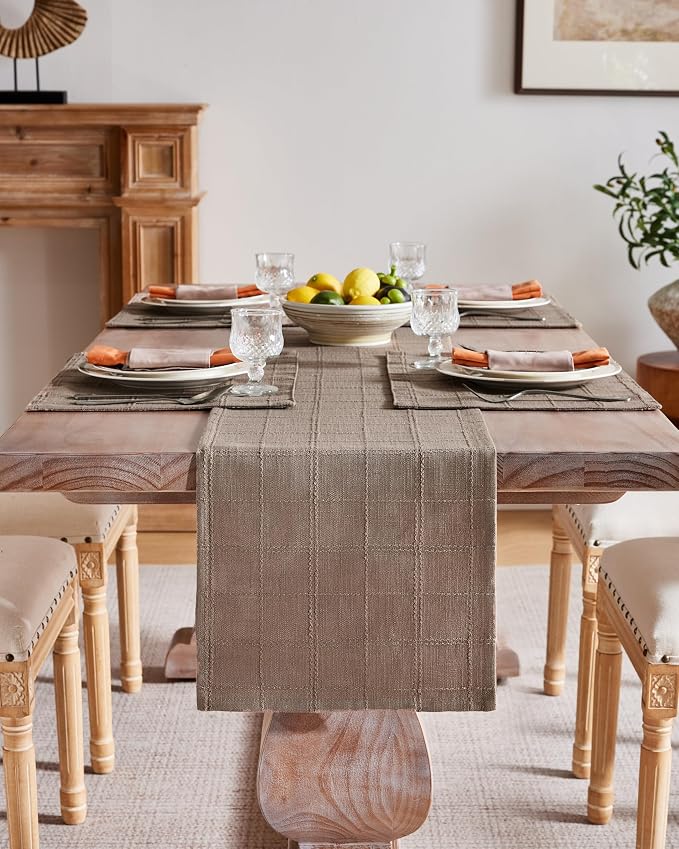 Linen Checked Farmhouse Table Runner, 13x60 Inches Cocoa Brown | Raised Grid - Image 2
