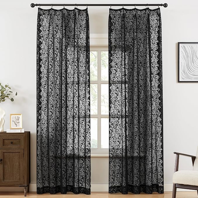 Bujasso Black Lace Pinch Pleat Curtains 96 inch, Gothic Vintage Floral Sheer by Bujasso