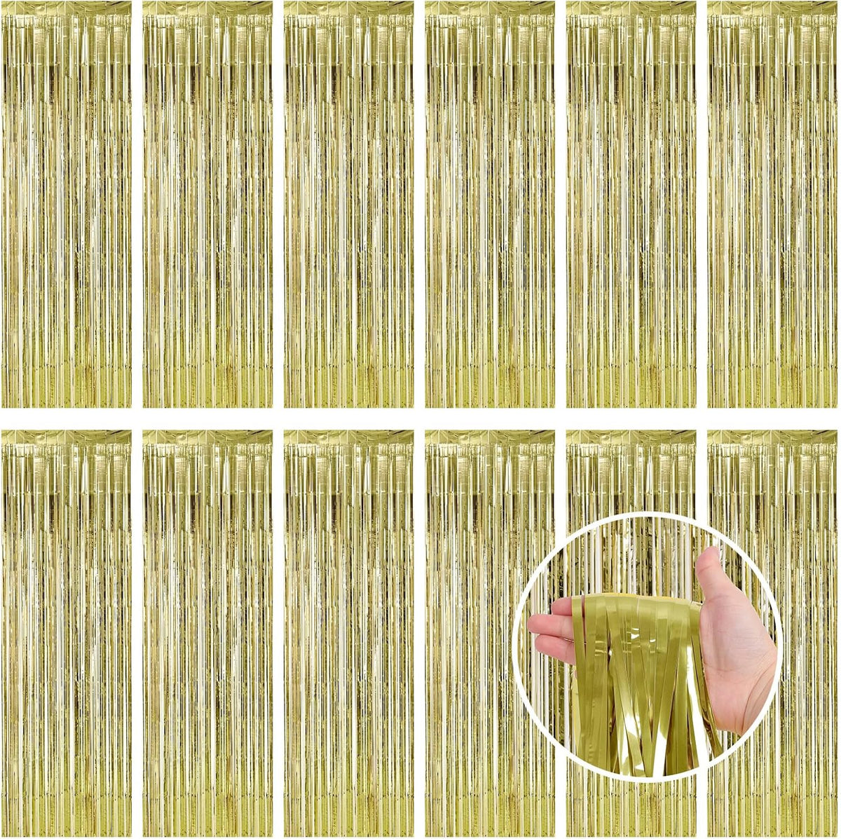 Light Gold Fringe Curtain Party Streamers, 12 Pack 3.3ft x 8.2 ft Foil Curtain Backdrop Tinsel Foil Fringe Curtains Photo Booth Backdrop Streamer for Birthday, Wedding, Baby Shower, Disco Party