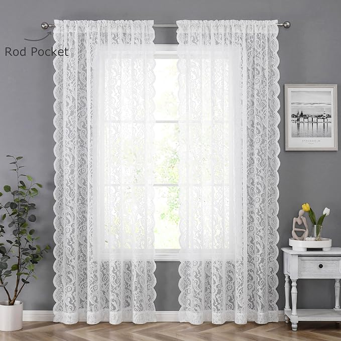 Bujasso White Lace Sheer Curtains 108 inch Vintage Floral Sheer Window Curtain - Image 7