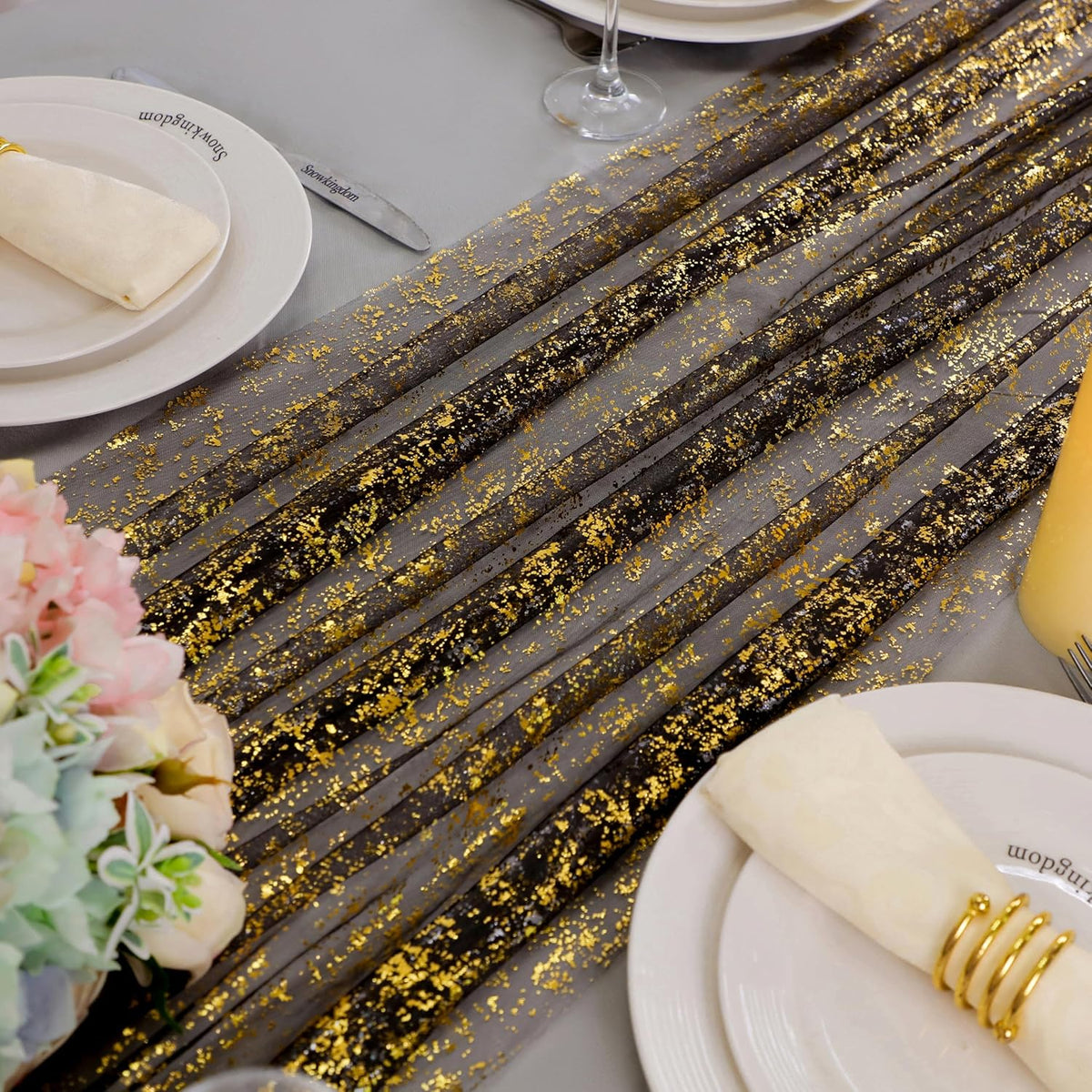 Snowkingdom Black and Gold Cheesecloth Table Runner 10 FT, Sheer Chiffon Sparkle Gauze Mesh Runners 120 Inch, Glitter Table Centerpieces Decoration for Birthday Party Wedding Christmas Halloween