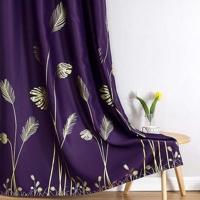Purple Blackout Curtains for Bedroom, Room Darkening Gold Palm Tree Pattern - Image 7