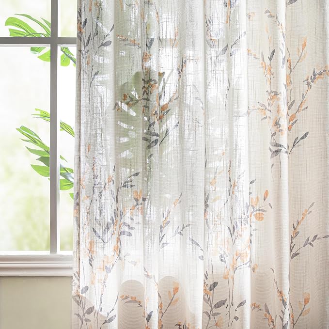 MYSKY HOME Floral Curtains for Bedroom Small Windows Flax Linen Sheer Drapes - Image 2