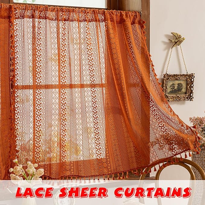 Sutuo Home Terracotta Boho Kitchen Curtains 54 inches Long, Burnt Orange - Image 3