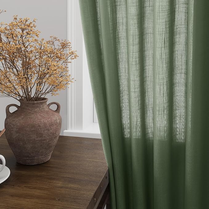 Olive Green Linen Curtains for Living Room 2 Panels Set 92 Inch Length Back Tab - Image 2