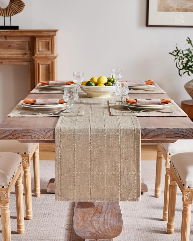 Linen Checked Farmhouse Table Runner, 13x72 Inches Taupe | Raised Grid Design - Image 2
