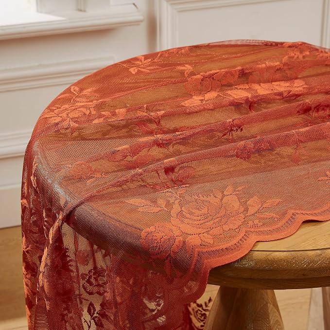Terracotta Lace Curtains 90 Inches Long Rust Country Floral Sheer Curtains - Image 7